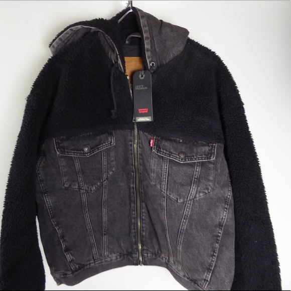 Levi’s Premium Faux Sherpa Sleeves Hybrid Denim Trucker Jacket w Hood NWT - Picture 11 of 12